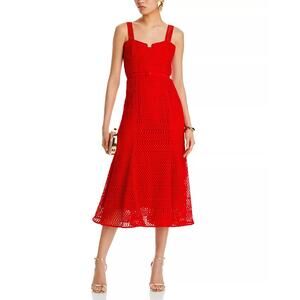 NWT Self-Portrait Lattice Lace Red Belted Sweetheart Neckline Midi Dress Size 00